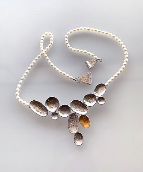 Elyse Bogart, #485 NECKPIECE WITH PEARLS
Etched Sterling Silver, 22K Gold, Pearls
EBOG#485
$600
Gallery staff will contact you 72 hours after purchase regarding any additional shipping costs.
